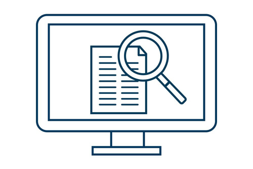 Explore our academic programs. Icon depicts a magnifying glass held over a sheet of paper.