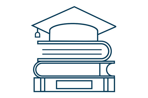 Review our research. Icon depicts a graduation cap, or mortarboard, resting on top of a stack of books.