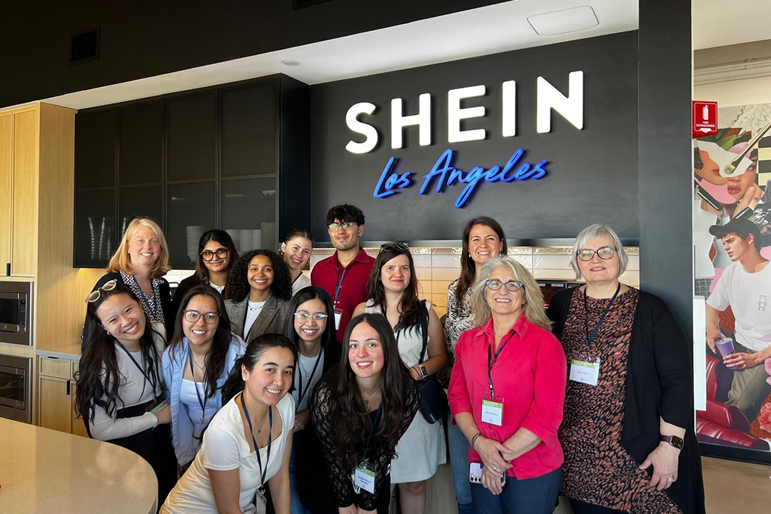 GW students in the International Business Ethics and Sustainability Case Competition pose for a photo at the LA offices of fashion brand Shein.