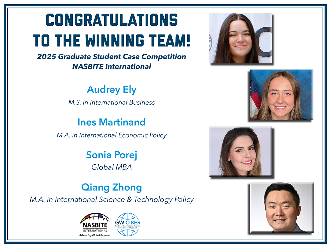 Composite image with four photos includes text that reads: Congratulations to the winning team! 2025 Graduate Student Case Competition - NASBITE International. Audrey Ely, Ines Martinand, Sonia Porej, Qiang Zhong.