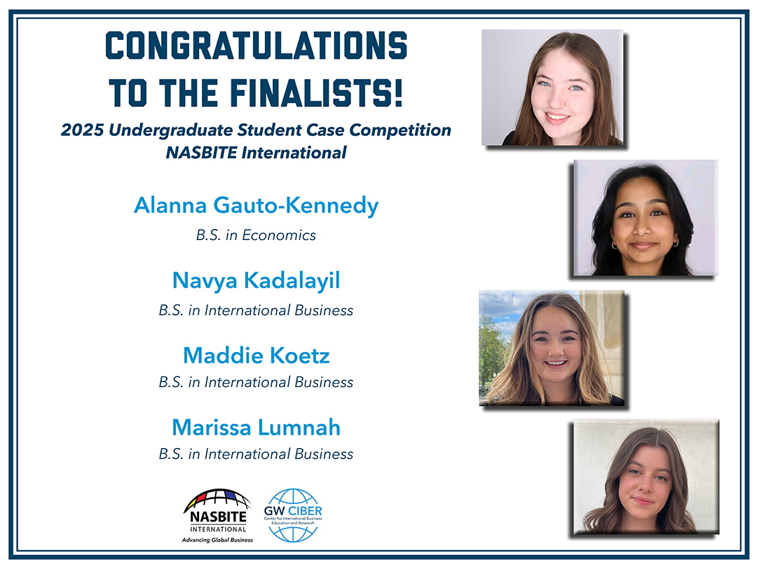 Composite image with four photos includes text that reads: Congratulations to the finalists! 2025 Undergraduate Student Case Competition - NASBITE International. Alanna Gauto-Kennedy, Navya Kadalayil, Maddie Koetz, Marissa Lumnah.