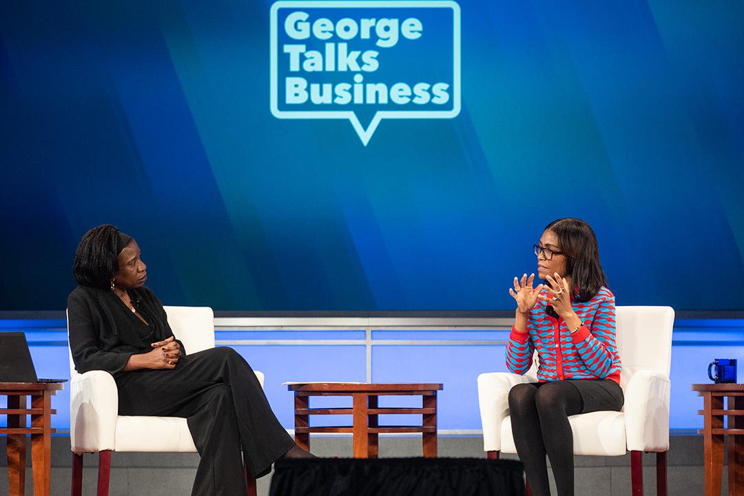 vanessa perry and interviewer speaking on George talks business