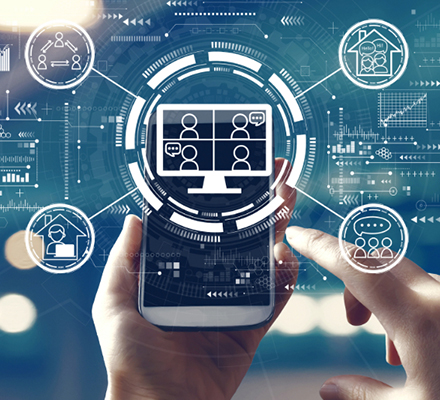 image shows hands holding a phone; graphic designs indicating human interaction are superimposed over the image