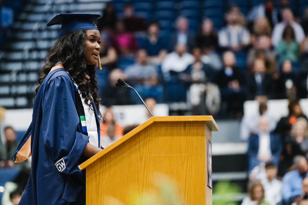 Hawa Kamara, student speaker for the 2024 Master's and Doctoral Programs Celebration and a graduate of the Global M.B.A. program. 