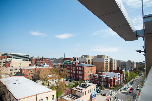 aerial view of GW campus buildings taken from top floor of another building