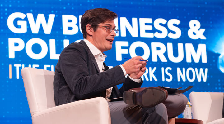 Patrick Hall speaks as panelist at the GW Business & Policy Forum
