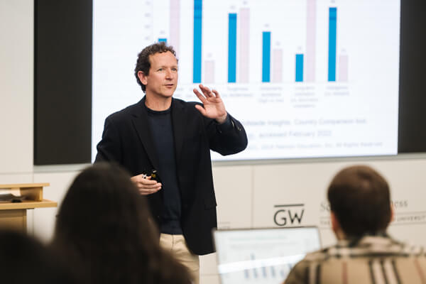 professor stands at front of class, gesturing with his hands, bar graph on digital screen behind him
