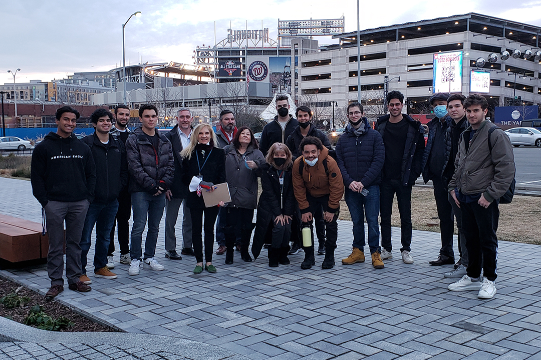 GW School of Business students stand outside Nationals Stadium in Washington, D.C. during a site visit for the Real Estate Development case class