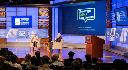 Christine Lagarde, managing director of the International Monetary Fund (IMF), is interviewed by Danny Leipziger, professor of international business and international affairs