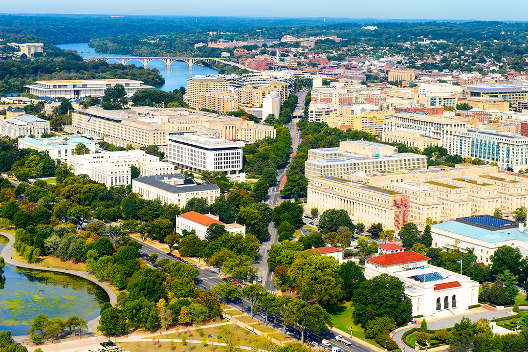aerial photo of downtown Washington, D.C. with GW campus