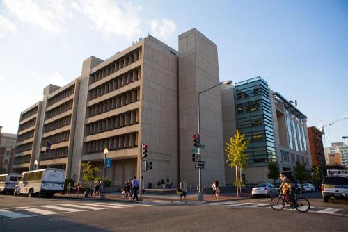 a view of the facade of Funger Hall at GW