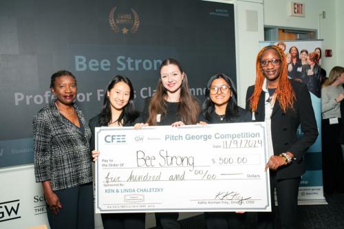 members of the student entrepreneur team Bee Strong pose for a photo after winning a category in the 2024 Pitch George competition
