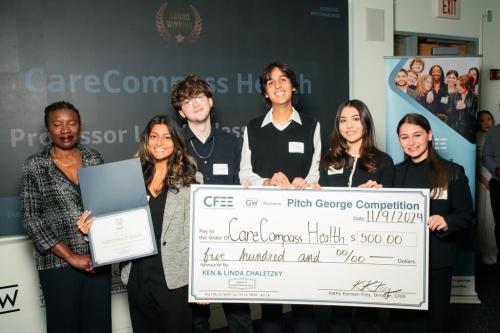 members of the student entrepreneur team CareCompass Health pose for a photo after winning a category in the 2024 Pitch George competition