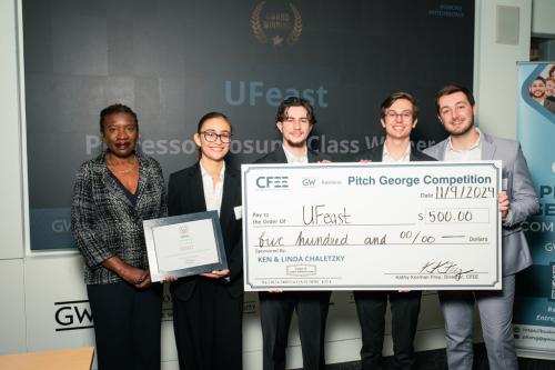 members of the student entrepreneur team UFeast pose for a photo after winning a category in the 2024 Pitch George competition 