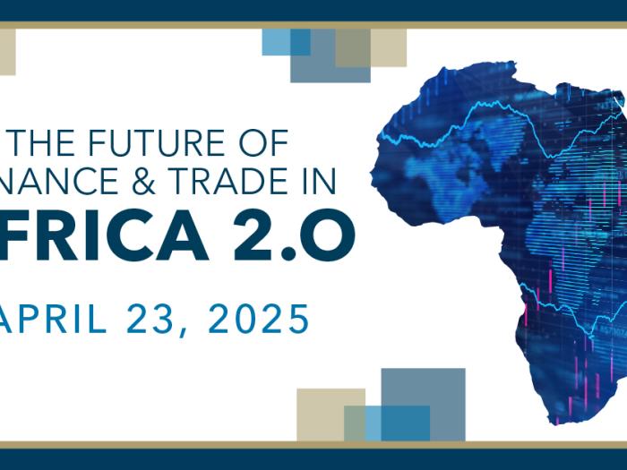 The future of finance and trade in Africa 2.0 conferemce, April 23, 2025. Image shows an outline of the continent of Africa.