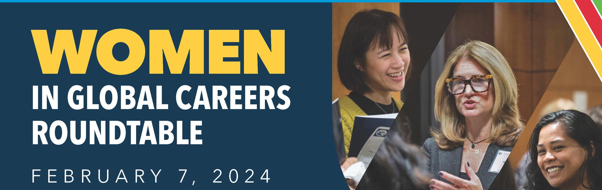 2024 Women in Global Careers Roundtable. Image shows three guests from the 2023 rountable in engaging discussion. 