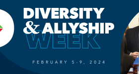 2024 GWSB Diversity & Allyship Week, February 5-9. Image shows the Diversity & Allyship Week logo as well as different photos of three people smiling and talking at GW School of Business events. 