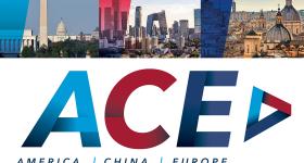 ACE - America, China, Europe. Image shows the Ace Program logo with a photo collage of three city skylines above it. 