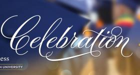 GW School of Business commencement header. Image shows the word "celebration" in cursive script. A tassel with a "25" pin attached to it hangs off a graduation cap in the background. 