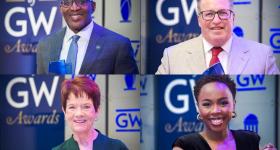 Clockwise from top left: Kevin Brown, M.E. ’94; James Small, B.A. ’84; Zinhle Essamuah, B.A. ’15, CERT. ’16, M.A. ’17; and Dale Carlson-Bebout, M.B.A ’90.