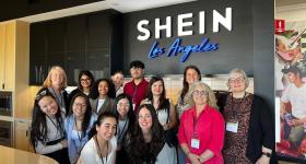 GW students in the International Business Ethics and Sustainability Case Competition pose for a photo at the LA offices of fashion brand Shein.