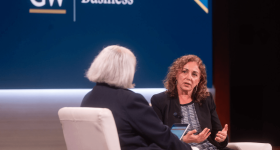 Sevin Yeltekin was the featured speaker at the George Talks Business event held at Jack Morton Auditorium. (Photo: Linnea Farnsworth)